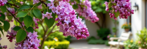 Fioletowe, Dom, Kwiaty, Gałązki