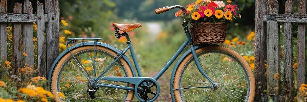 Rower, Koszyk, Kwiaty, Płot