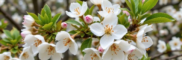 Zbliżenie, Listki, Gałązki, Drzewo owocowe, Kwiaty, Białe