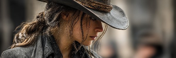 Kobieta, Włosy, Długie, Kurtka, Kapelusz