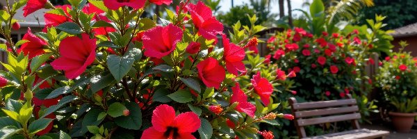 Kwiaty, Ławka, Czerwone, Krzewy