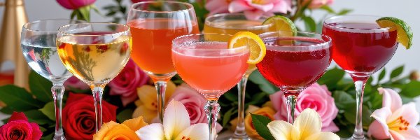 Drinki, Kwiaty, Kieliszki, Lilie, Róże