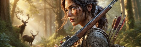 Jelenie, Broń, Las, Grafika AI, Postać, Lara Croft