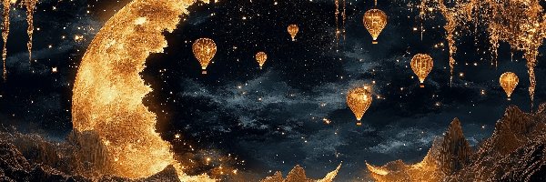 Góry, Łódka, Fantasy, Księżyc, Człowiek, Balony, Noc, Jezioro