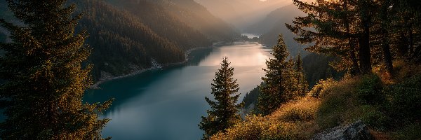 Góry, Grafika AI, Drzewa, Jezioro