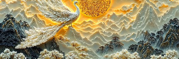 Fantasy, Paw, Góry, Biały, Zima, Słońce, Drzewa