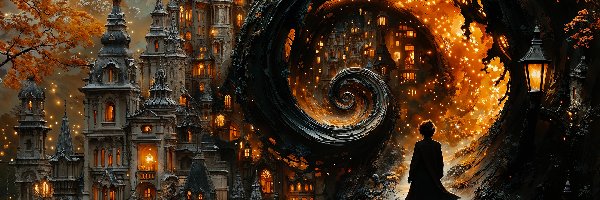 Droga, Spirala, Oświetlone, Noc, Grafika, Fantasy, Latarnia, Domy, Kobieta