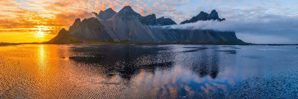 Islandia, Niebo, Chmury, Zachód słońca, Morze, Vestrahorn, Góra