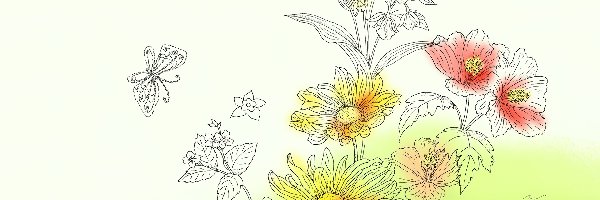 Kwiatki, Rysunek, Motyle, Różne