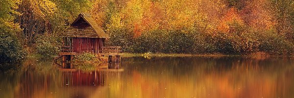 Jezioro, Domek, Drzewa, Jesień, Odbicie