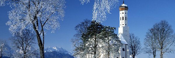 Kościół, Śnieg, Góry, Drzewa