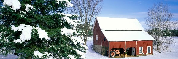 Śnieg, Traktor, Domek, Zima
