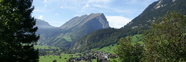 Domy, Góry, Dolina, Drzewa, Austria, Kanisfluh