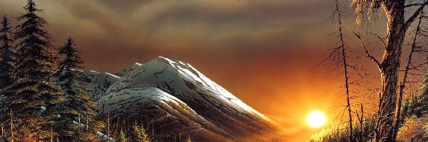 Zachód słońca, Terry Avon Redlin, Ptaki, Góry