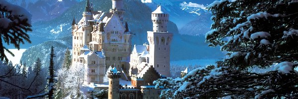 Zamek, Bawaria, Neuschwanstein, Zima, Niemcy