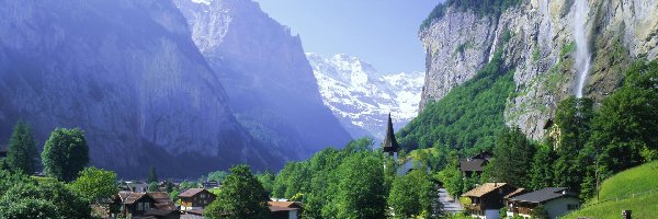 Lauterbrunnen, Domy, Drzewa, Szwajcaria, Wodospad, Góry