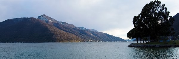 Woda, Drzewa, Góry, Lago Di Lugano