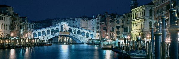 Most, Kanał, Domy, Noc, Wenecja