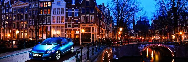 Amsterdam, Kanał, Nocą, Honda, Samochód
