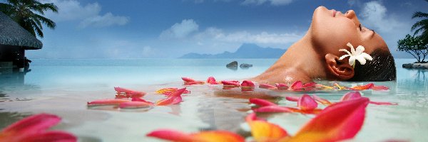 Kobieta, Morze, Kwiaty, Tahiti, Kąpiel