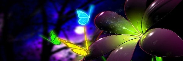Motyle, 3D, Neon, Kwiat