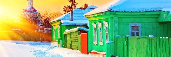 Domy, Zima, Śnieg, Zielone