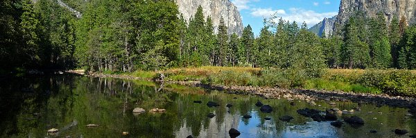 Góry, Park Narodowy Yosemite, Rzeka, Drzewa, Stan Kalifornia, Stany Zjednoczone