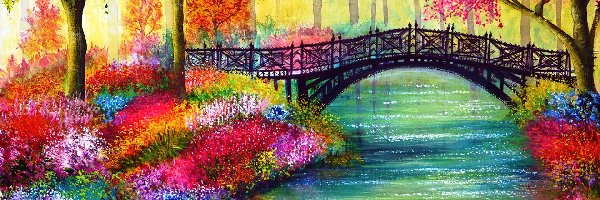 Most, Kwiaty, Drzewa, Rzeka