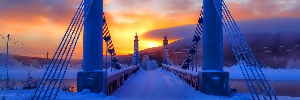 Most, Zima, Rzeka, Zachód Słońca, Śnieg