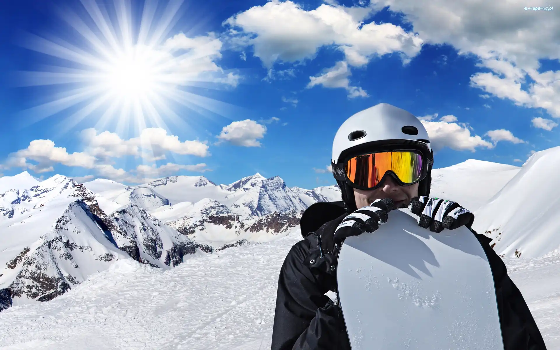 Góry, Promienie słońca, Snowboarding, Mężczyzna, Sport, Zima, Chmury