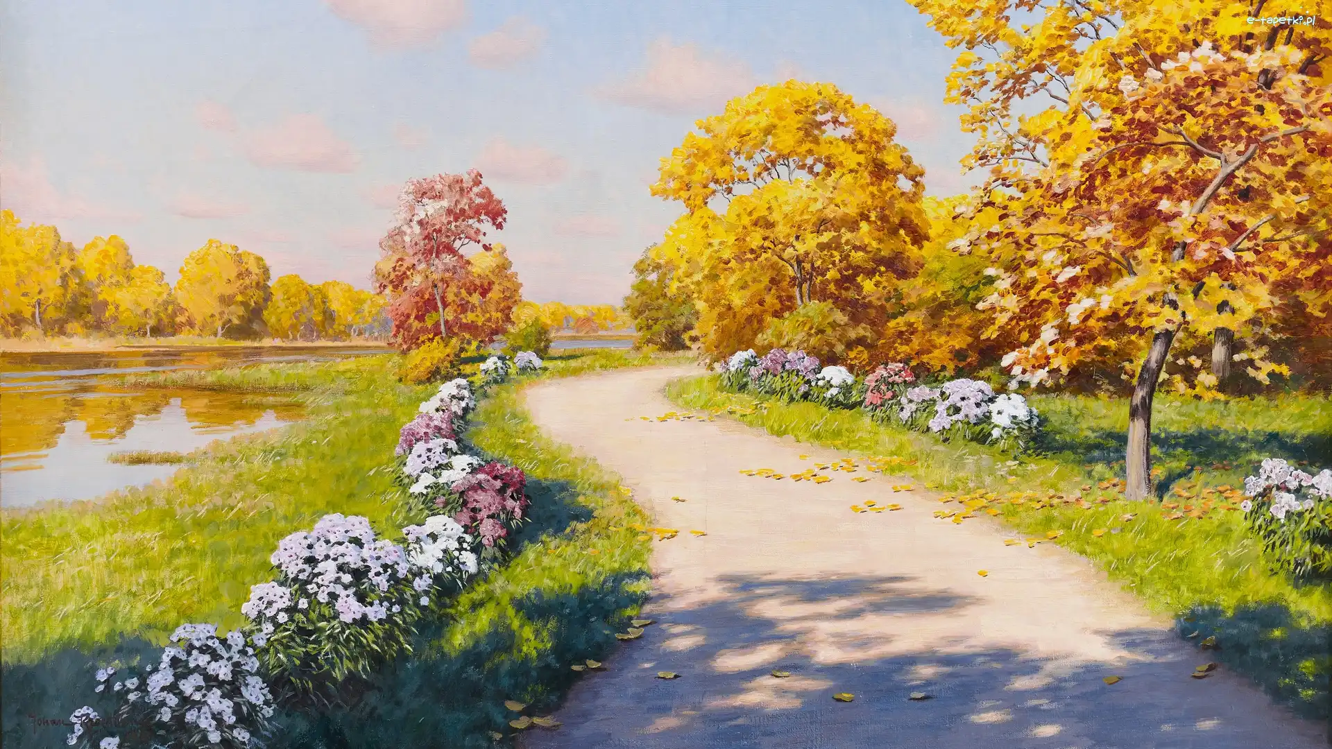Ścieżka, Obraz, Jesień, Jezioro, Johan Krouthen, Kwiaty, Drzewa, Malarstwo