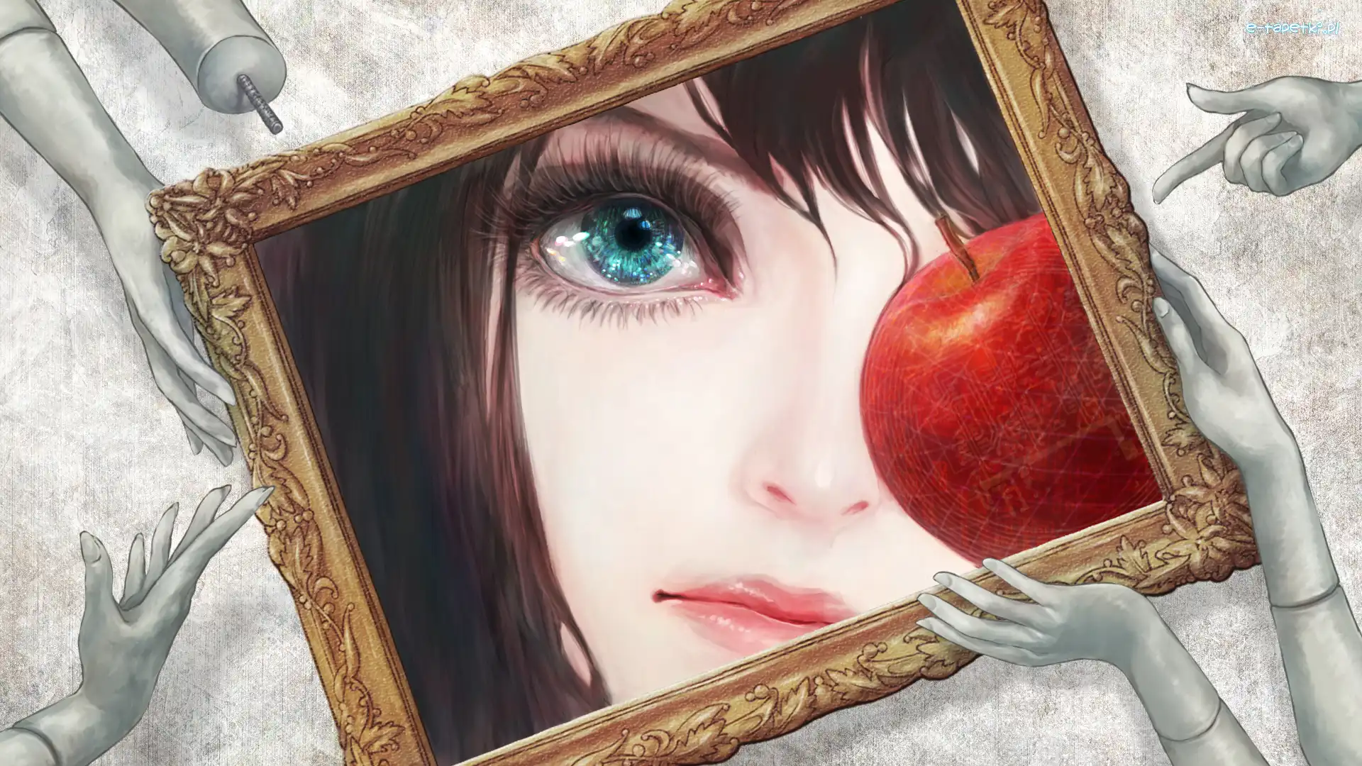 Jabłko, Dziewczyna, Oko, Dłonie 2D, Obraz, Ramka