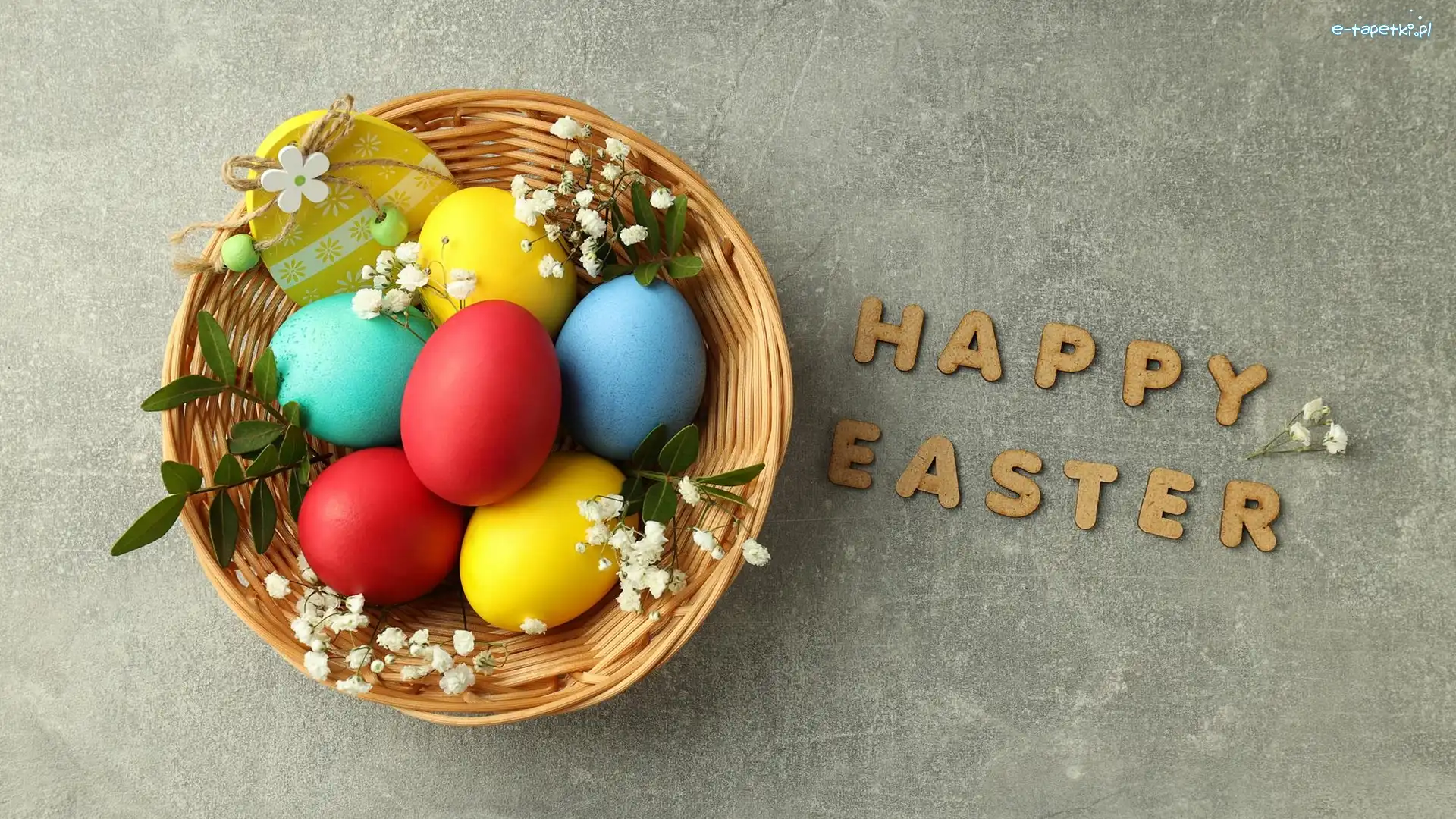 Wielkanoc, Koszyk, Pisanki, Happy Easter, Napis