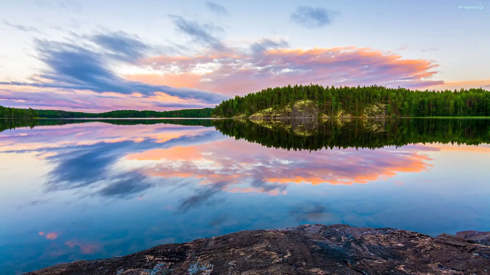Finlandia, Lasy, Drzewa, Saimaa Lake, Jezioro, Chmury, Odbicie