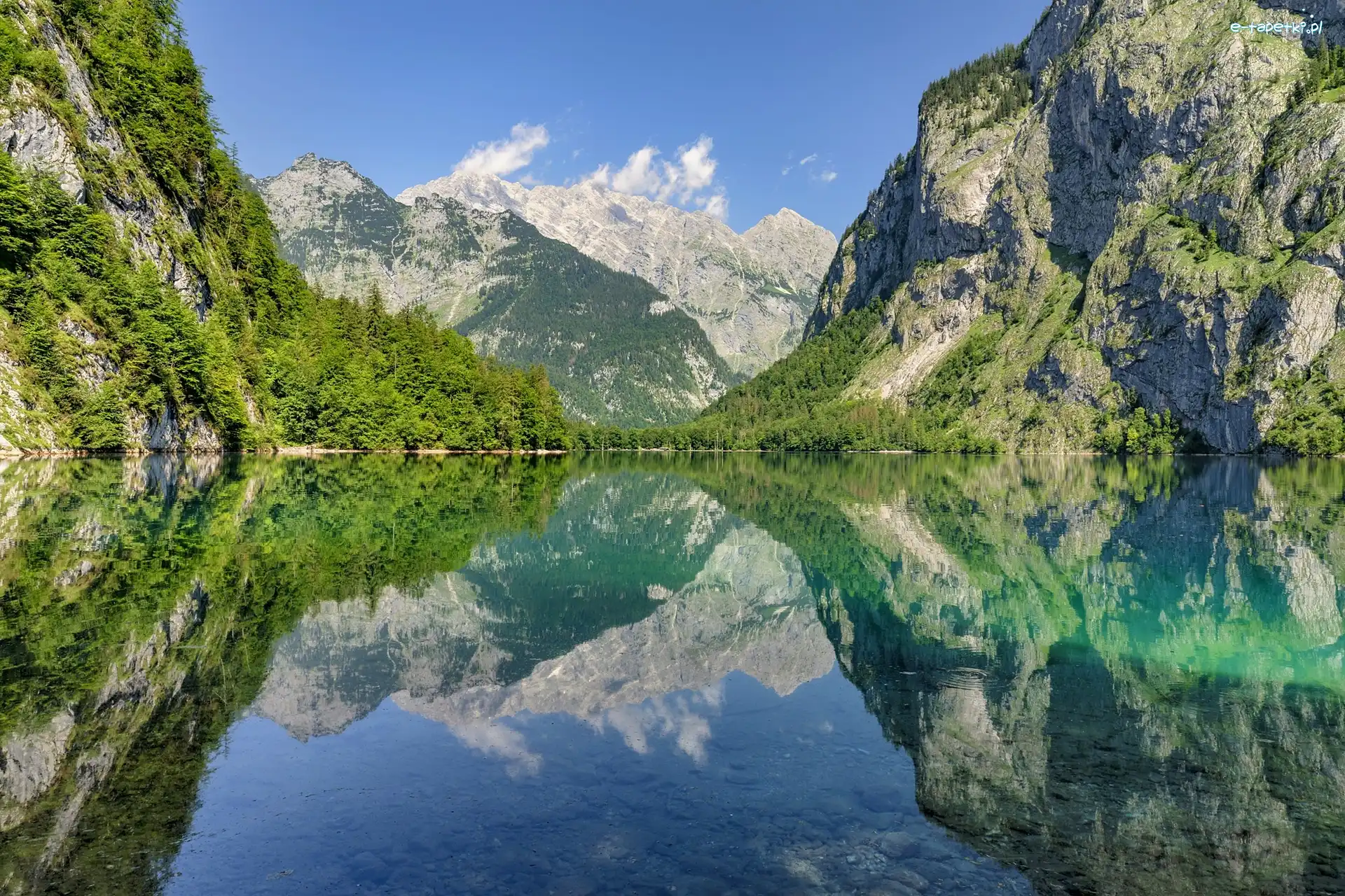 Niemcy, Jezioro Obersee, Drzewa, Odbicie, Góry, Bawaria, Park Narodowy Berchtesgaden
