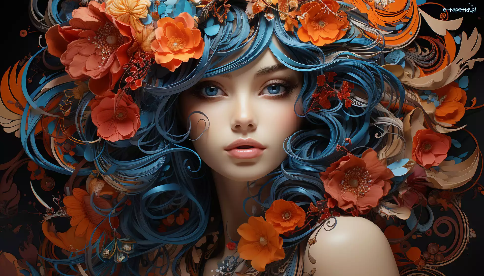Dziewczyna, Włosy, Niebieskie, Grafika 2D, Kwiaty