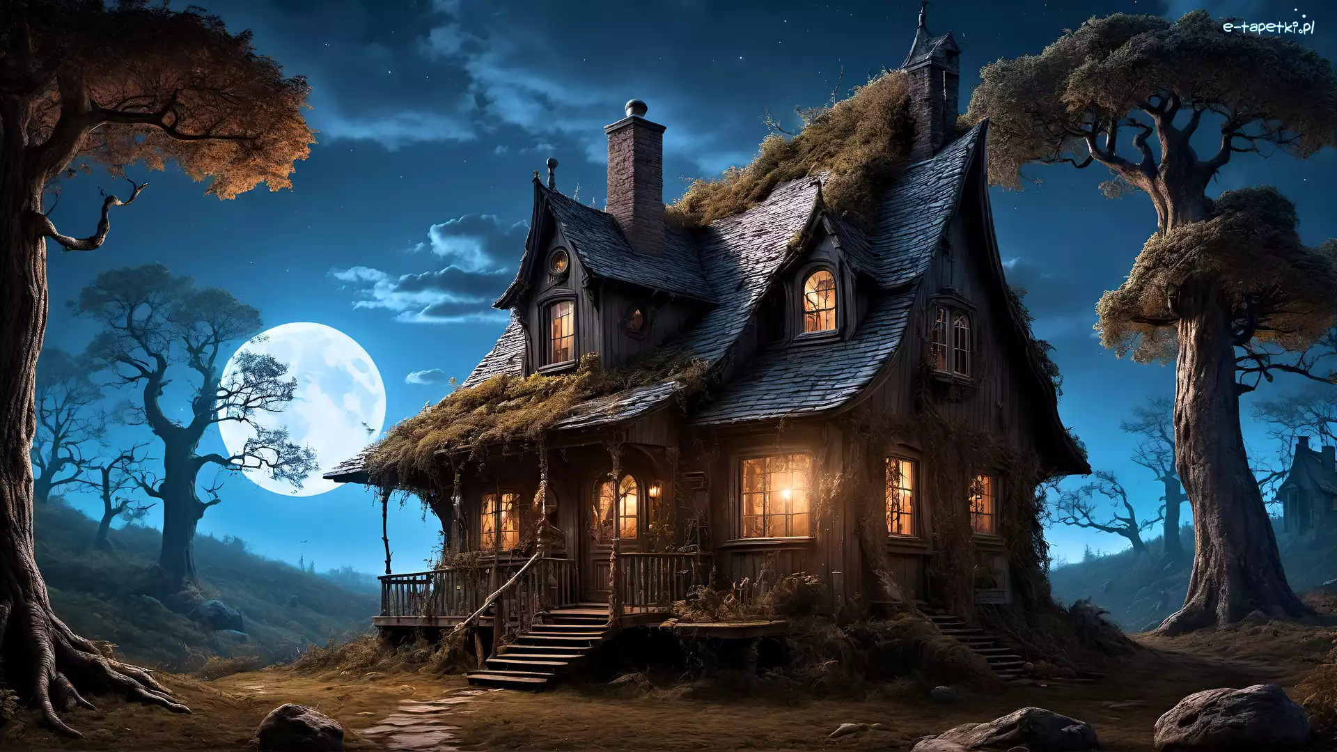 Księżyc, Drzewa, Noc, 2D, Dom, Magiczny