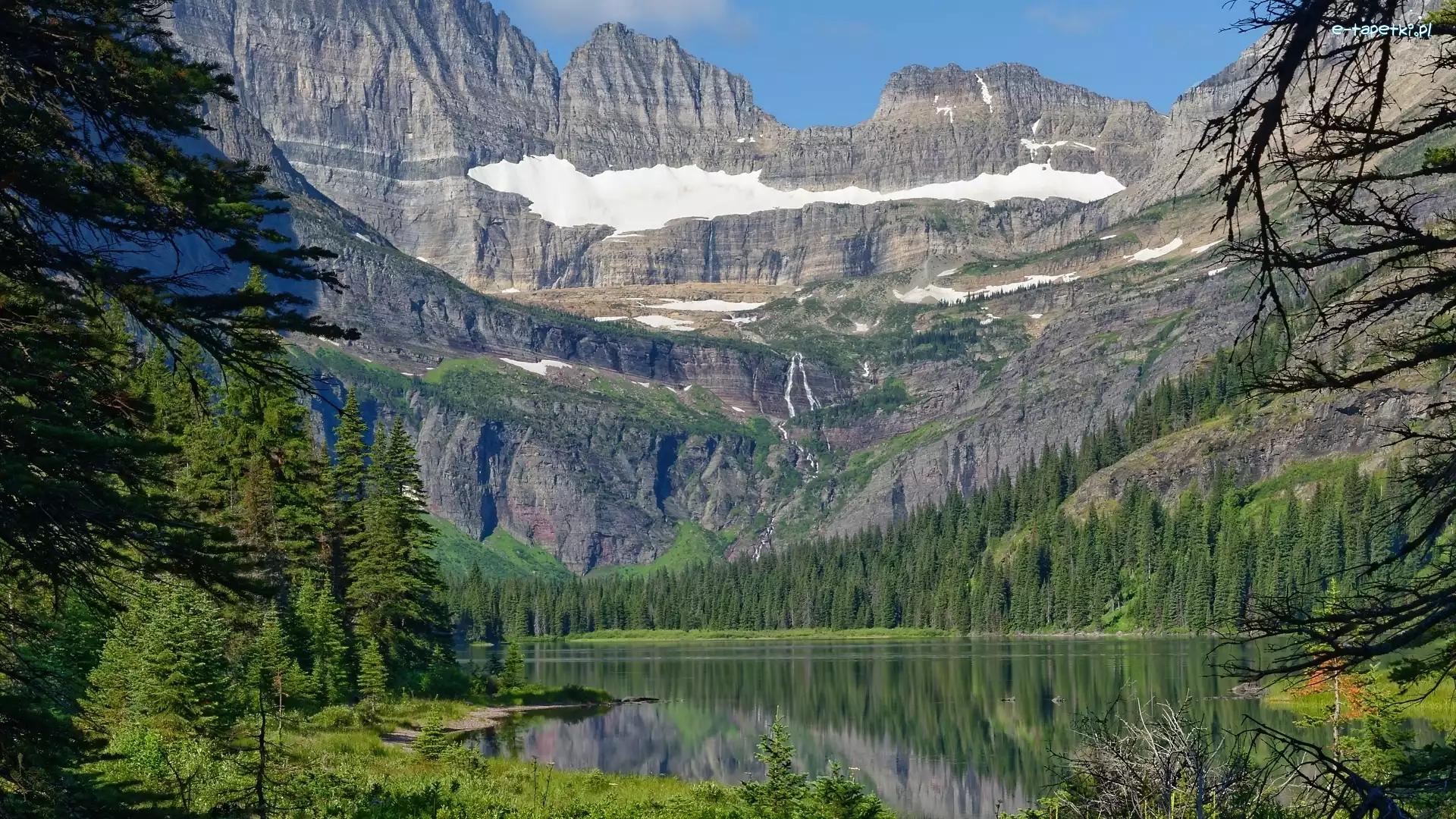 Odbicie, Świerki, Josephine Lake, Jezioro, Góry, Stany Zjednoczone, Montana, Drzewa, Park Narodowy Glacier