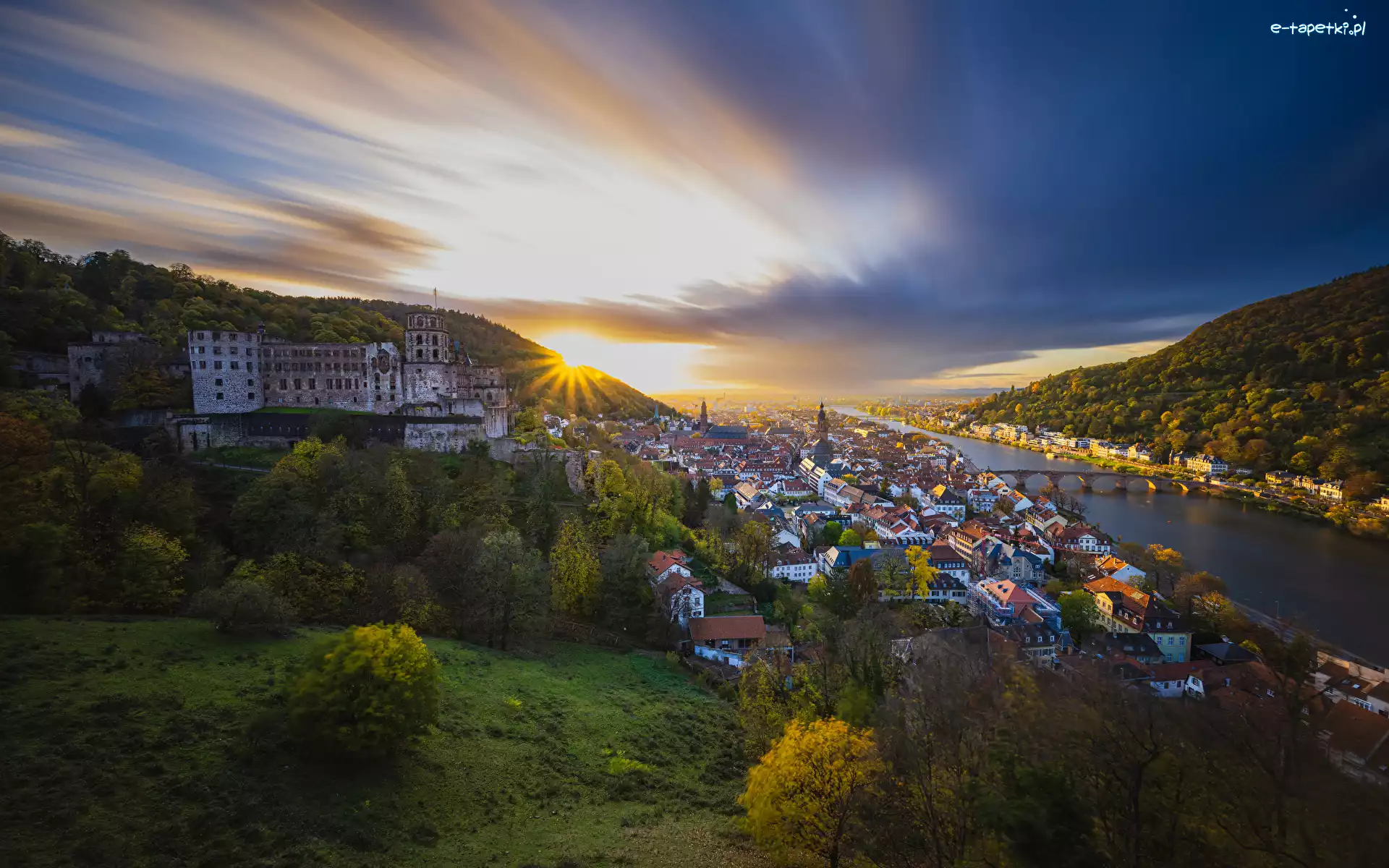 Zamek, Miasto, Zachód słońca, Most, Heidelberg, Domy, Rzeka Neckar, Niemcy
