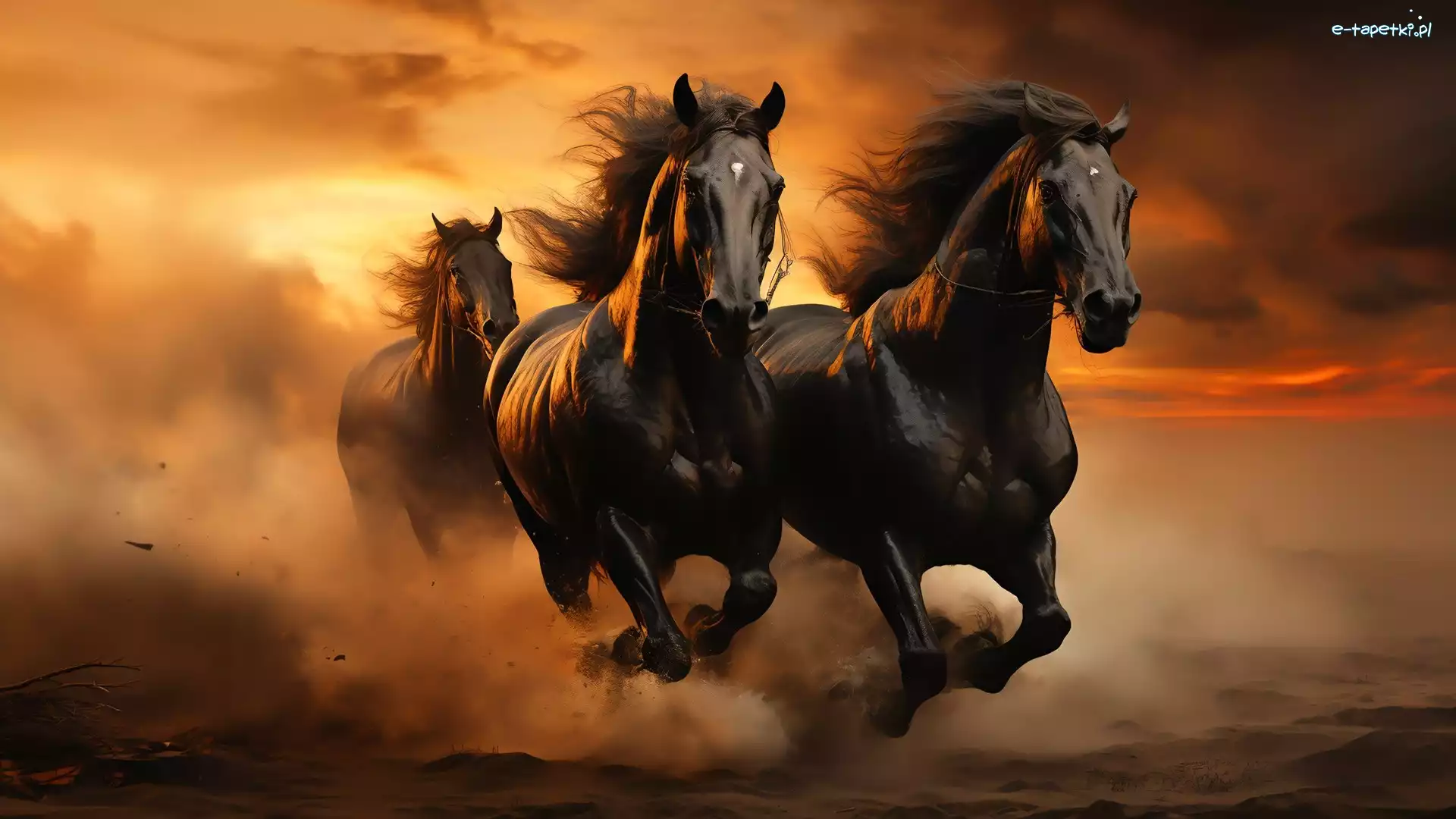 Kurz, Kare, Galop, Zachód słońca, Konie, Trzy
