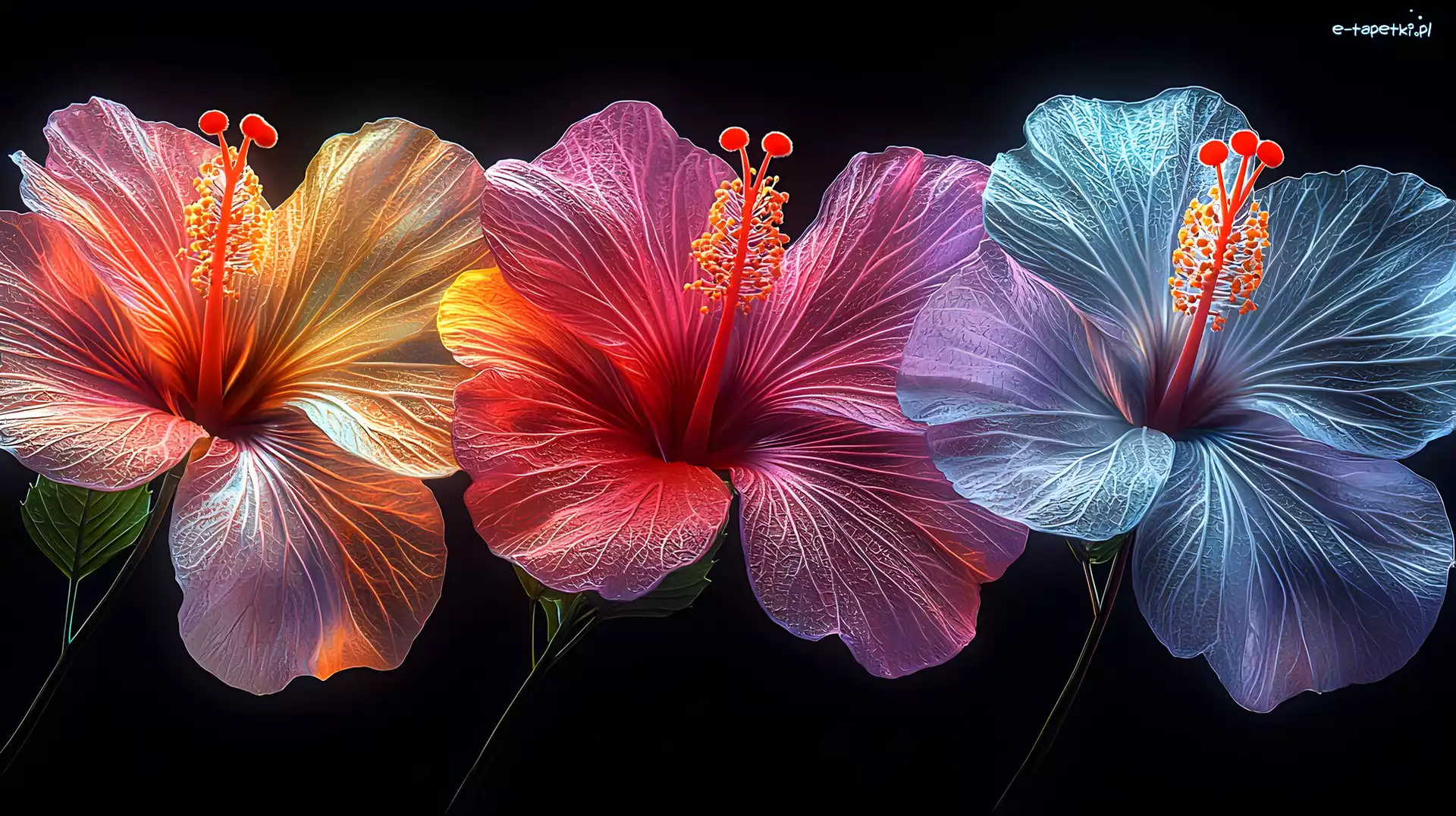 Trzy, Hibiskusy, Kolorowe, Kwiaty
