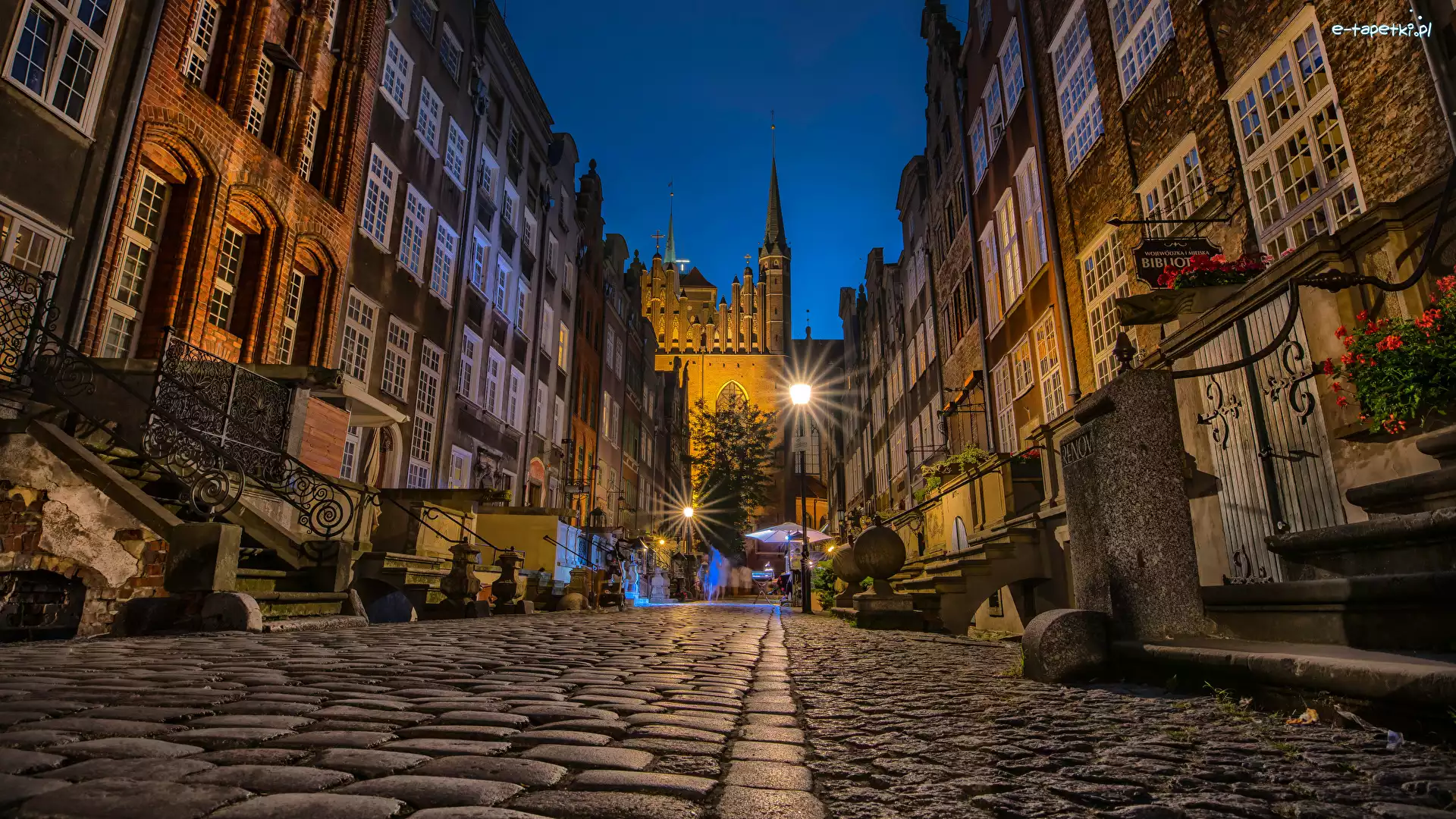 Światła, Domy, Ulica, Noc, Gdańsk, Polska