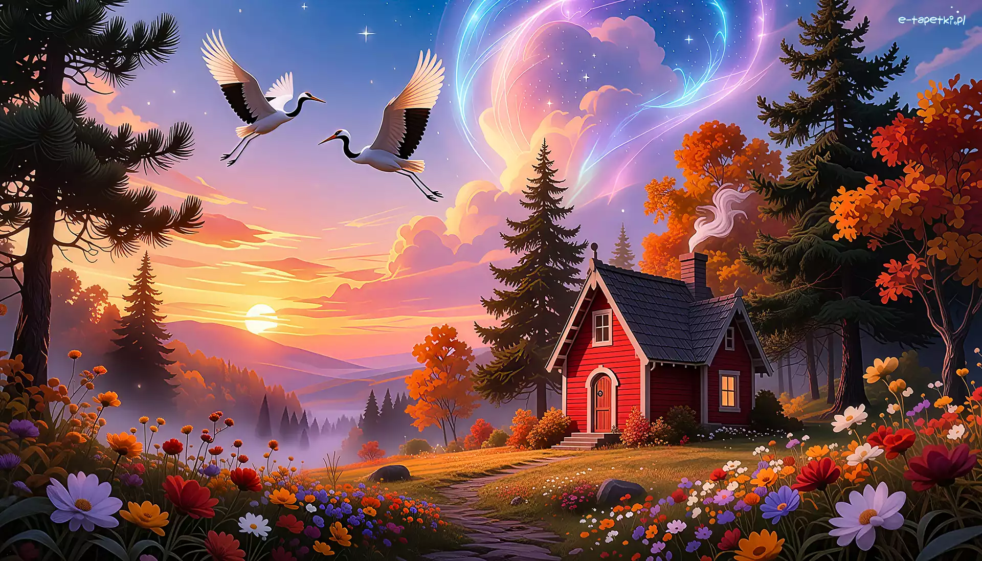 Bociany, Kwiaty, Drzewa, Grafika AI, Domek, Czerwony