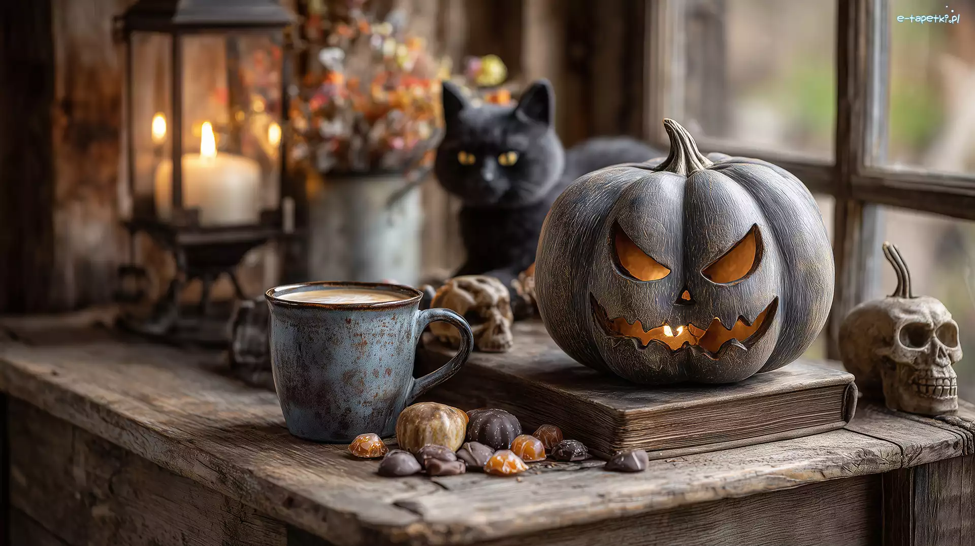 Halloween, Czaszka, Cukierki, Grafika AI, Kubek, Dynia