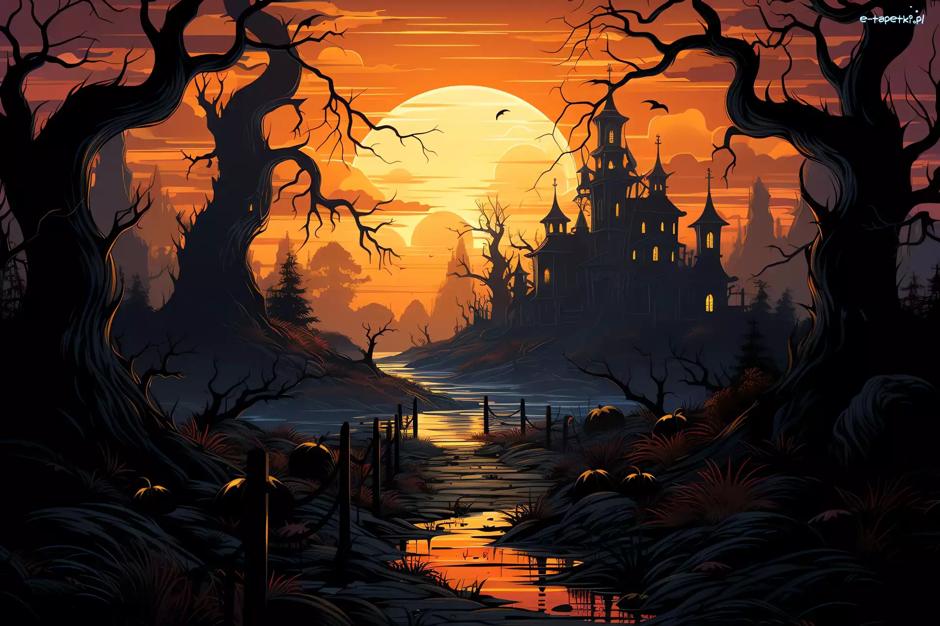 Rzeka, Księżyc, Drzewa, Dynie, Zamek, Fantasy