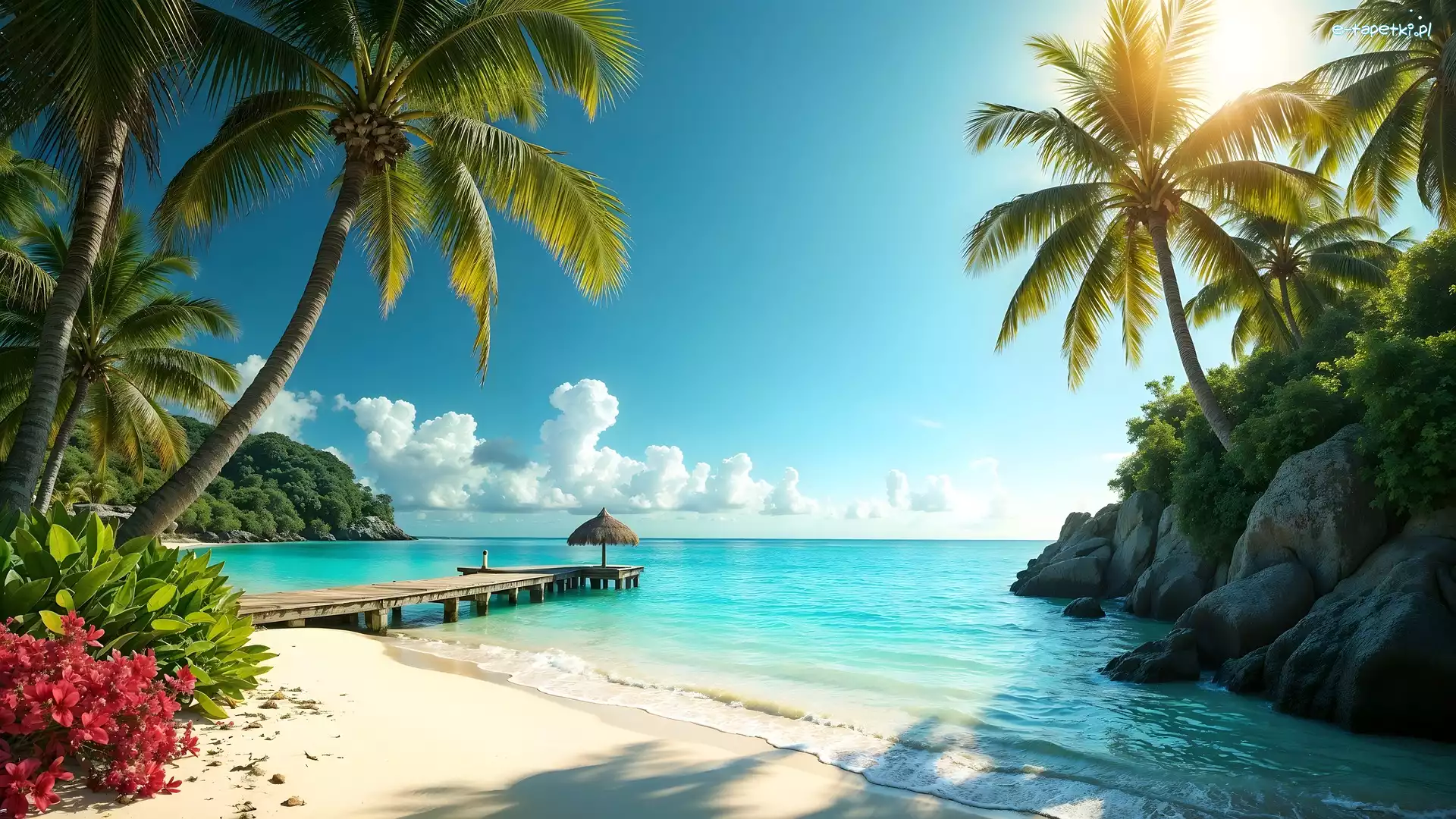 AI, Palmy, Skały, Plaża, Morze, Pomost, Roślinność