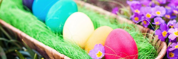 Wielkanoc, Jajka, Kolorowe, Kwiaty, Koszyczek