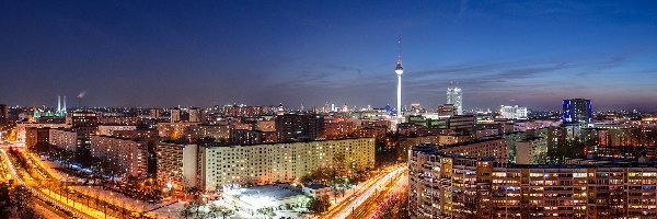 Noc, Ulice, Berlin, Panorama, Domy, Wieża