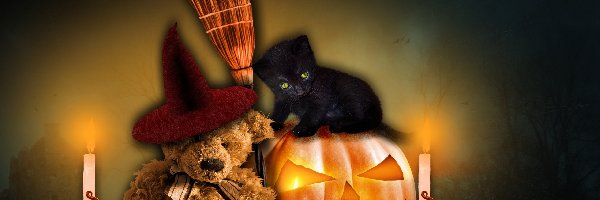 Halloween, Miś, Kot, Dynia, Świece