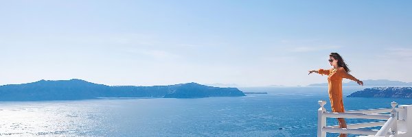 Morze, Grecja, Santorini, Kobieta